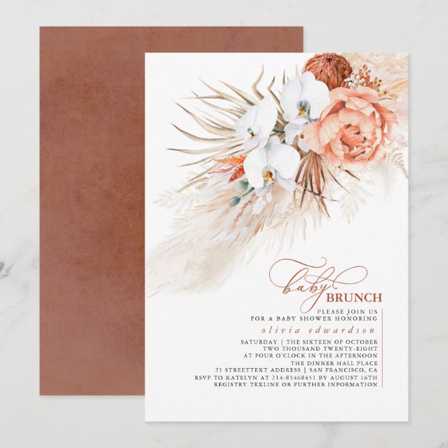 Invitación Pampas Grass Terracotta Brunch Baby Shower (Anverso / Reverso)