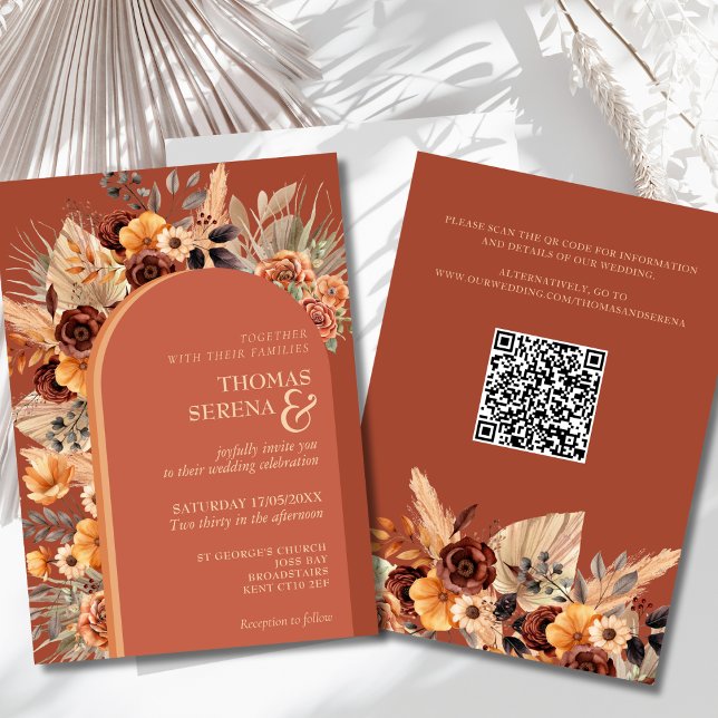 Invitación Pampas Grass Terracotta Fall Rust QR Code Boda (Subido por el creador)