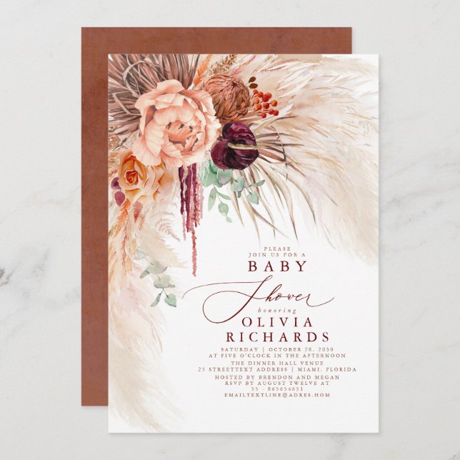 Invitación Pampas Grass Terracotta Floral Baby Shower (Anverso / Reverso)