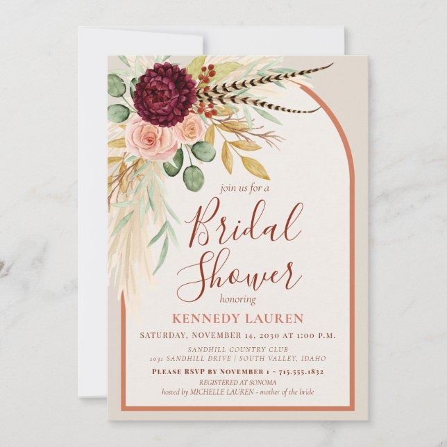 Invitación Pampas Grass Terracotta Floral Boho Bridal Shower  (Anverso)