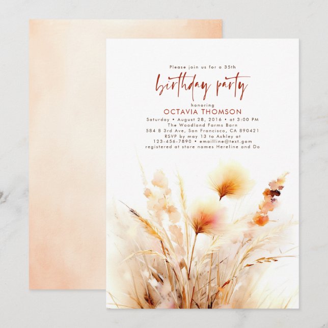 Invitación Pampas Grass Terracotta Floral Fall (Anverso / Reverso)