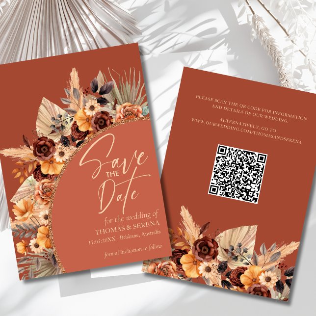 Invitación Pampas Grass Terracotta QR Code Save the Date Fall (Subido por el creador)