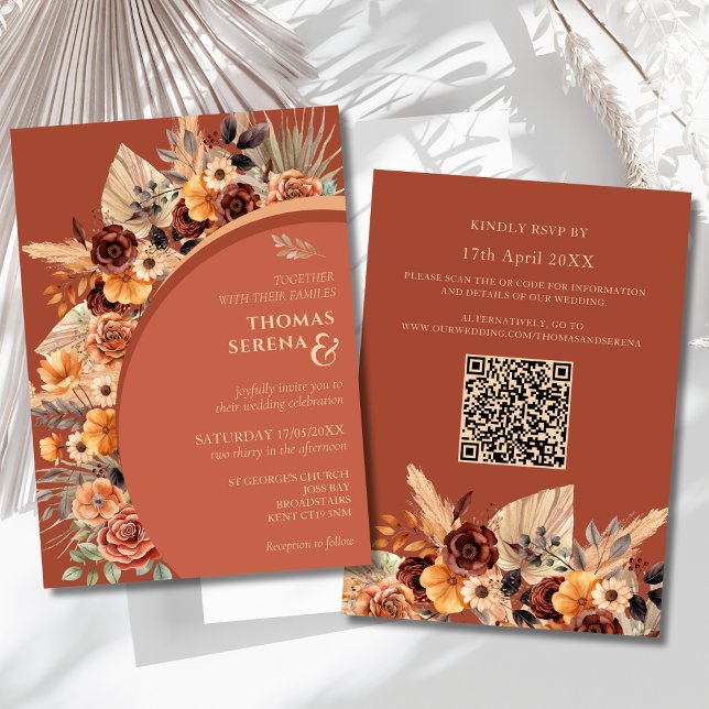 Invitación Pampas Grass Terracotta Rustic QR Code Boda (Subido por el creador)