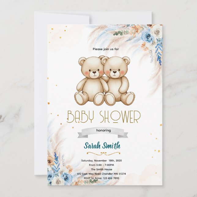 Invitación Pampas Grass twins bear invitation (Anverso)