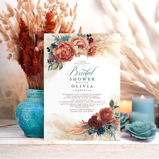 Invitación Pampas Grass Verde azulado Blue Terracotta Bridal  (Teal and Terracotta Bridal Shower Invitations)