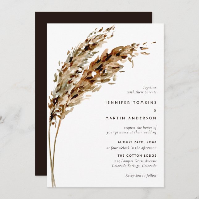 Invitación Pampas Grass Watercolor Boho Boda (Anverso / Reverso)