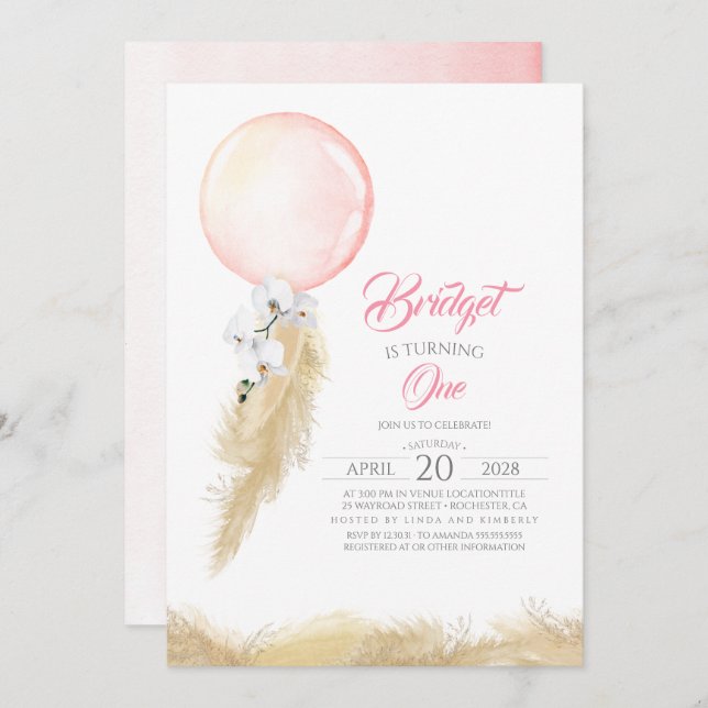 Invitación Pampas Grass White Orchids Balón Aniversario Exóti (Anverso / Reverso)