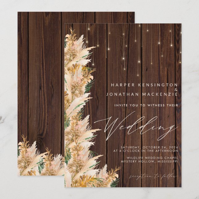 Invitación Pampas Grass Wood Twinkle Lights Boho Boda (Anverso / Reverso)