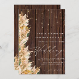 Invitación Pampas Grass Wood Twinkle Lights Boho Boda