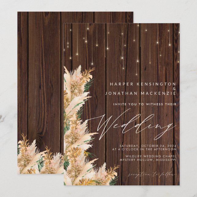 Invitación Pampas Grass Wood Twinkle Lights Boho Boda (Anverso / Reverso)