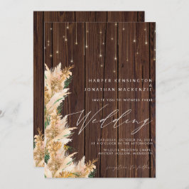 Invitación Pampas Grass Wood Twinkle Lights Boho Boda
