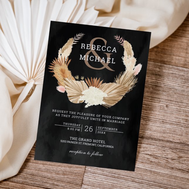 Invitación Pampas Grass Wreath Dried Palm Black Boda (Subido por el creador)