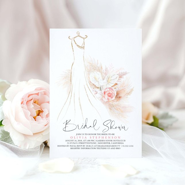 Invitación Pampas Grass y Boda Vestido Bridal Shower (Pampas Grass and Blush Flowers Dress Bridal Shower Invitations)