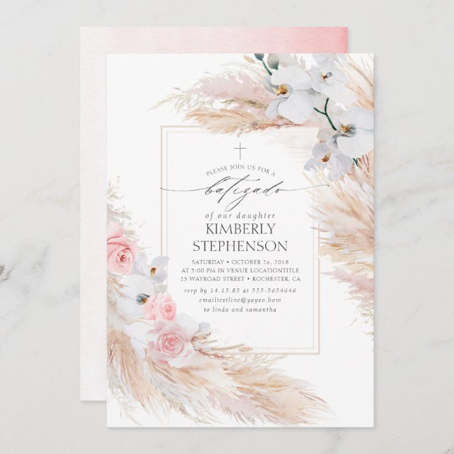 Invitación Pampas Grass y Orquídeas Blancas Tropical Batizado (Anverso / Reverso)