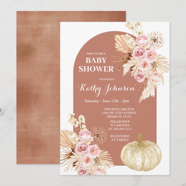 Invitación Pampas Grass y Pumpkin Baby Shower (Anverso / Reverso)