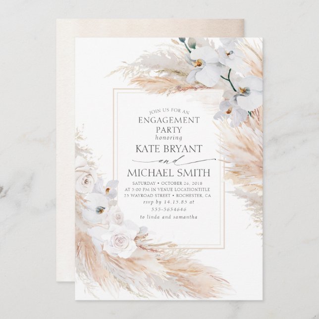 Invitación Pampas Grass y White Orchids Engagement Party (Anverso / Reverso)