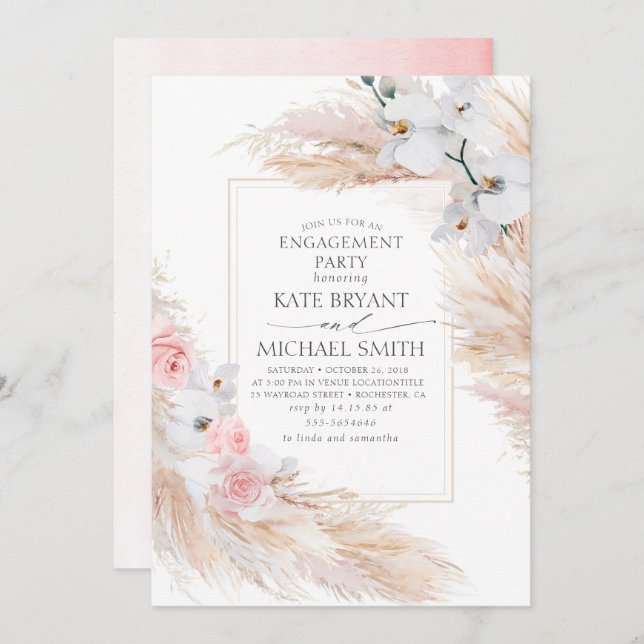 Invitación Pampas Grass y White Orchids Engagement Party (Anverso / Reverso)
