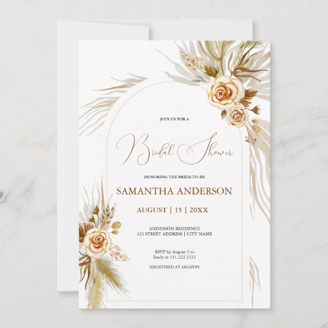 Invitación Pampas hierba acuarela boho elegante Bridal Shower (Anverso)