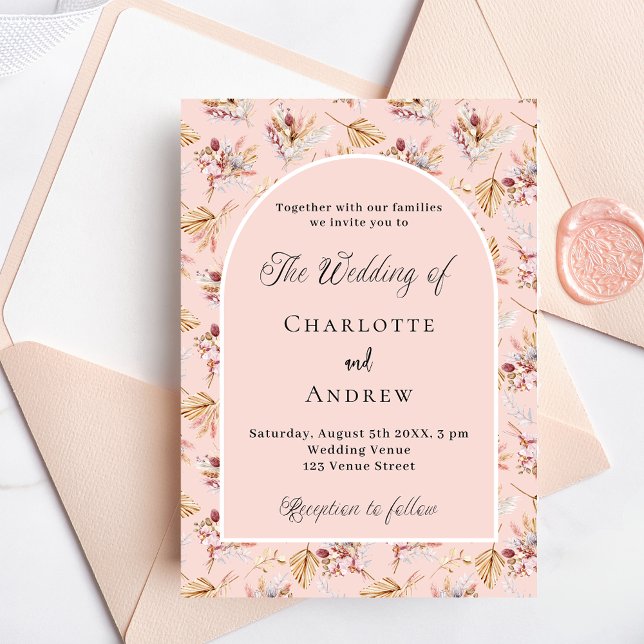 Invitación Pampas hierbas florines rosa oro boho boda de lujo (Subido por el creador)