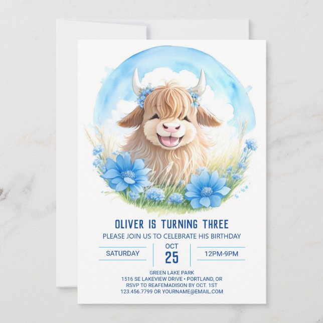 Invitación Pampas Highland Cow Wildflower Kids Cumpleaños (Anverso)