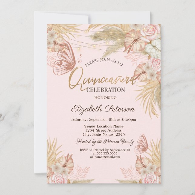 Invitación Pampas Mariposas de Grass Quinceañera (Anverso)