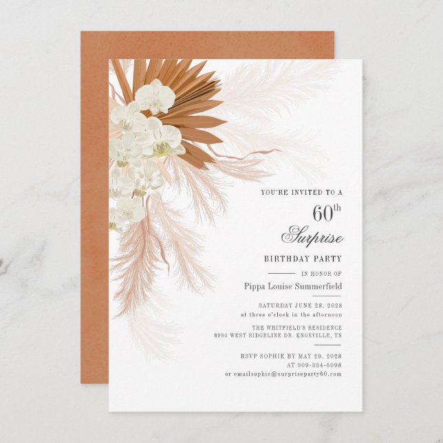 Invitación Pampas Naranja quemado de hierba 60 cumpleaños (Anverso / Reverso)