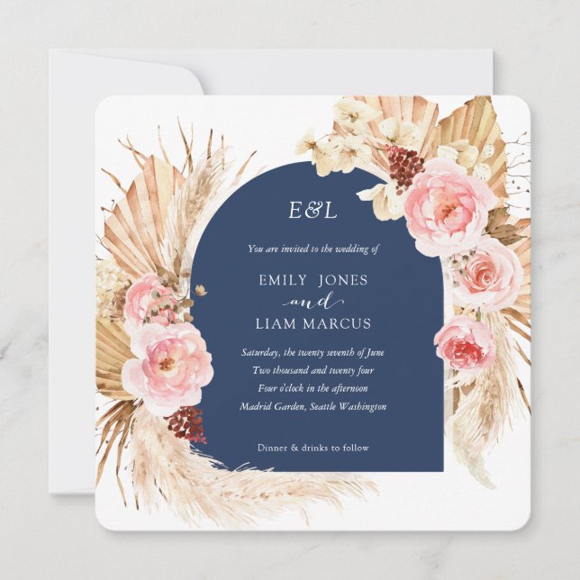 Invitación Pampas Naval Grass Moderno Boho Floral Square (Anverso)