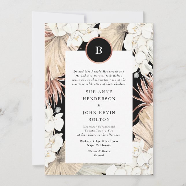 Invitación Pampas negras y Rosa Boda de Relieve metalizado do (Anverso)
