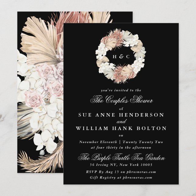 Invitación Pampas Negro Floral Monograma Wreath Parejas Ducha (Anverso / Reverso)