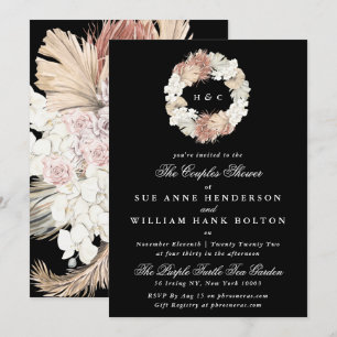 Invitación Pampas Negro Floral Monograma Wreath Parejas Ducha