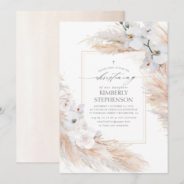 Invitación Pampas Orquídeas Blancas Cristianas Tropicales (Anverso / Reverso)
