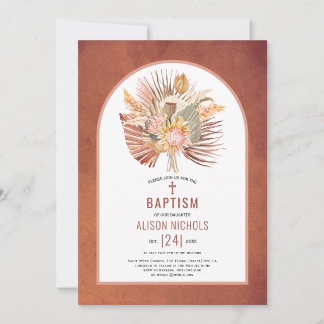 Invitación Pampas pasto y palma terracota bautismo (Anverso)