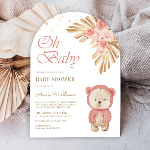 Invitación Pampas Pink Floral Teddy Bear Arch Baby Shower