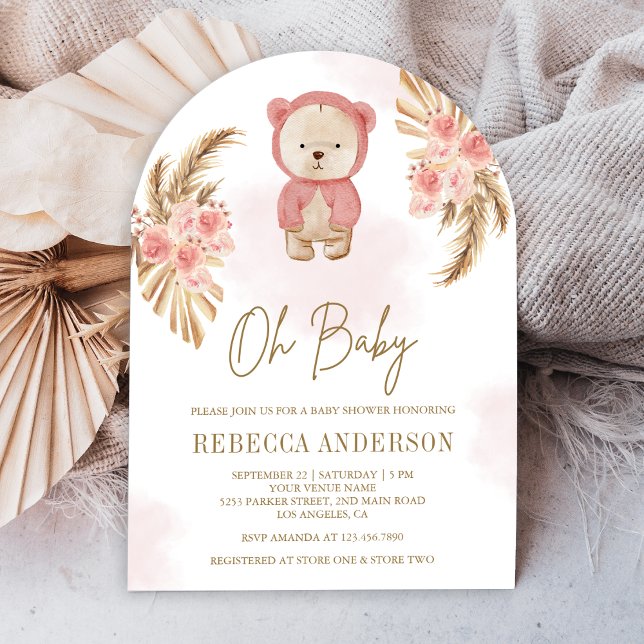 Invitación Pampas Pink Floral Teddy Bear Arch Baby Shower (Subido por el creador)