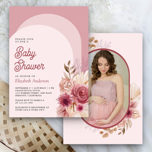 Invitación Pampas Pomegranate Floral Rosa Pampas Foto Baby Sh (Subido por el creador)