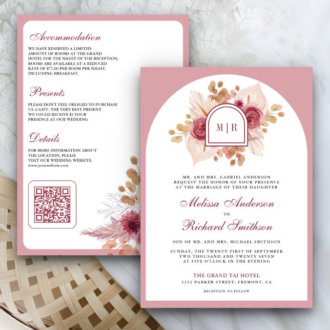 Invitación Pampas Pomegranate Floral Rosa Pampas QR Boda de c (Subido por el creador)