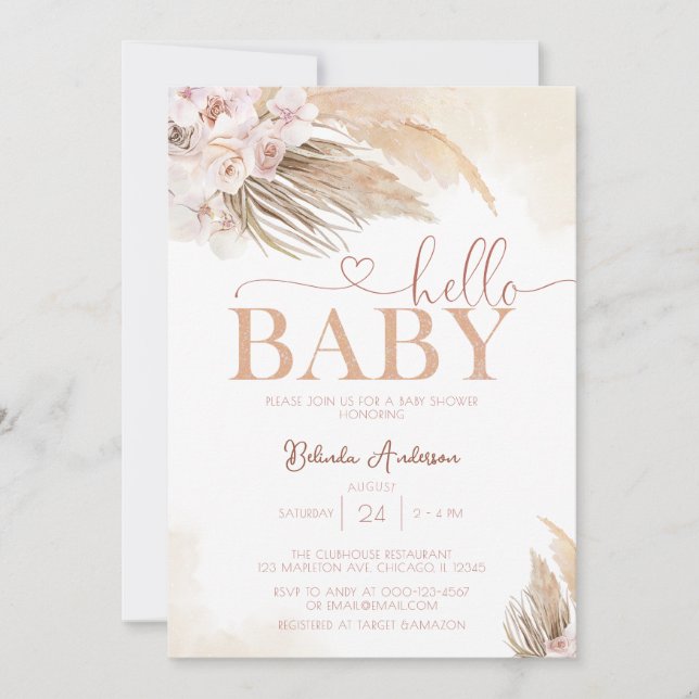 Invitación Pampas Rosa Boho Hola bebé Baby Shower (Anverso)