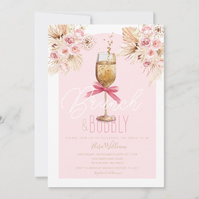 Invitación Pampas rosa Brunch & Bubbly Bridal Shower (Anverso)