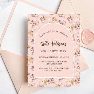 Invitación Pampas rosa floral oro de lujo cumpleaños