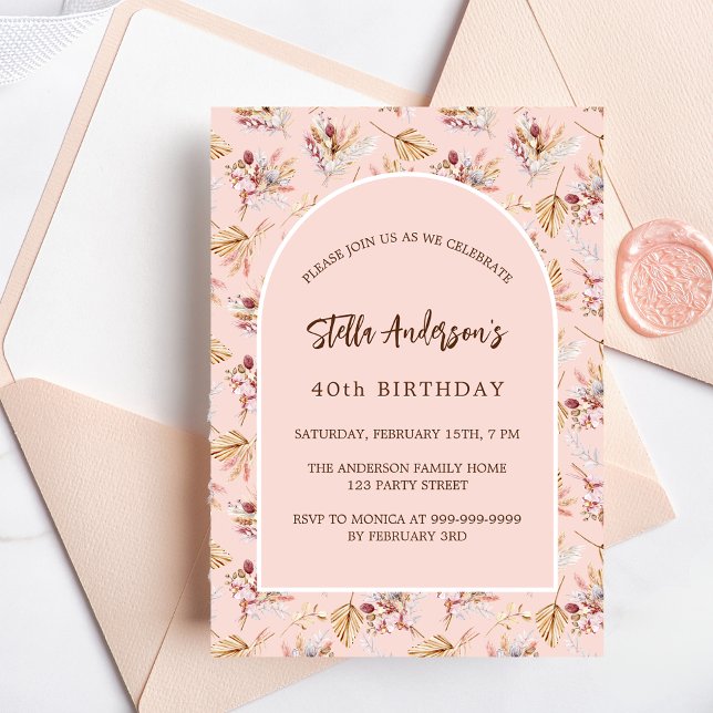 Invitación Pampas rosa floral oro de lujo cumpleaños (Subido por el creador)