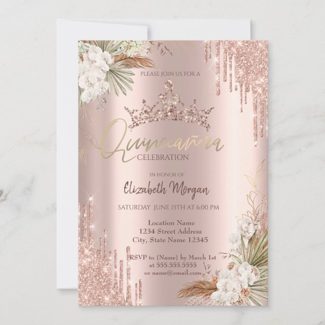 Invitación Pampas Rosa Purpurina de oro caída Quinceañera (Anverso)