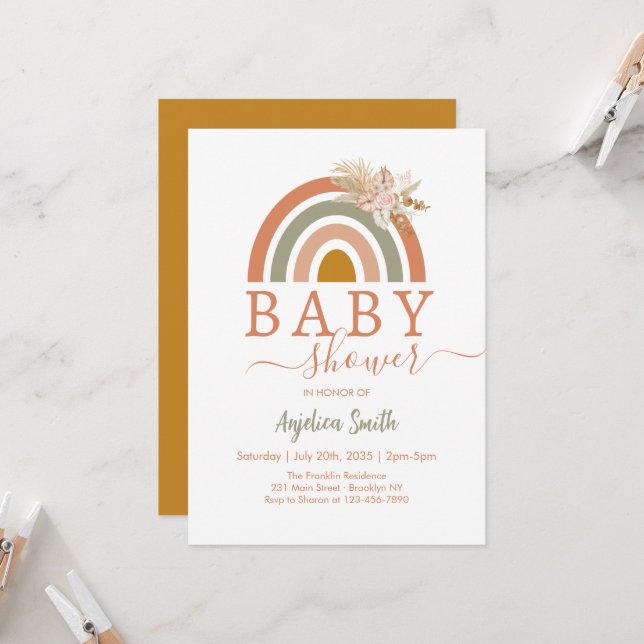 Invitación Pampas rosadas Boho Rainbow Baby Shower (Anverso/Reverso In Situ)