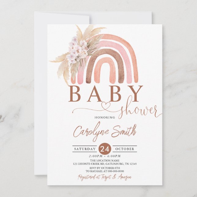 Invitación Pampas rosadas Boho Rainbow Baby Shower (Anverso)