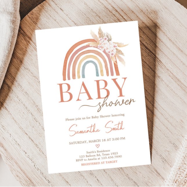 Invitación Pampas rosadas Boho Rainbow Baby Shower (Girl Boho Rainbow Baby Shower Invitation)