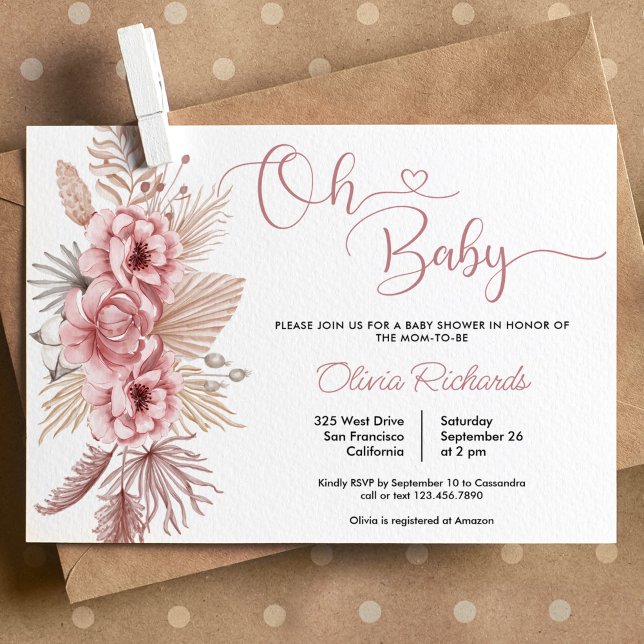 Invitación Pampas Rosado Boho Oh Baby Shower (Subido por el creador)