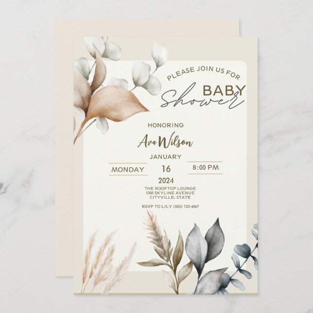 Invitación Pampas rusticas Grass Boho eucalipto bebé botánico (Anverso / Reverso)