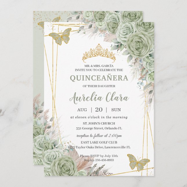 Invitación Pampas Sage Green Floral Butterflies Quinceañera (Anverso / Reverso)