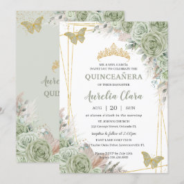 Invitación Pampas Sage Green Floral Butterflies Quinceañera