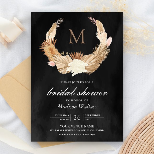 Invitación Pampas Wreath Dried Palm Black Bridal Shower (Subido por el creador)