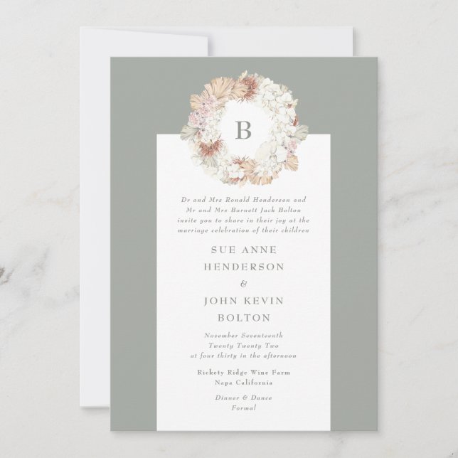 Invitación Pampas Wreath Moss Green Monogram Boda (Anverso)